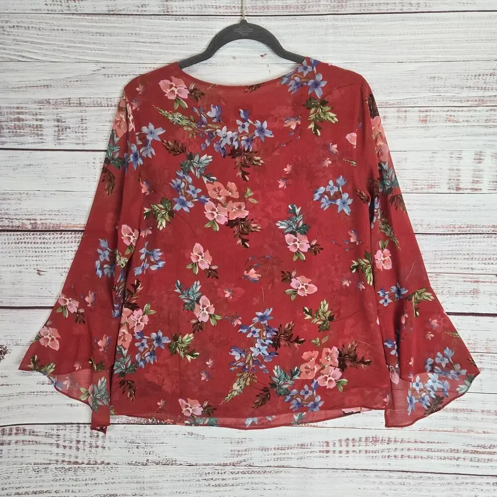 Cabi Devoted Red Floral Bell Sleeve Blouse S Sheer Lined Boho Festival Bloom Top